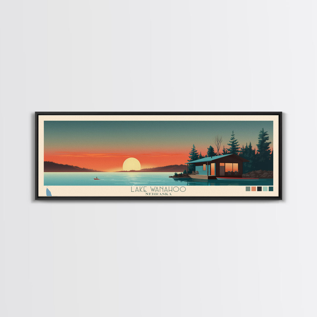 Lake Wanahoo, Nebraska Panoramic Wall Art Framed Canvas Print, Midcentury Modern, Pop Art, Home Decor, Travel Poster, Bedroom Art
