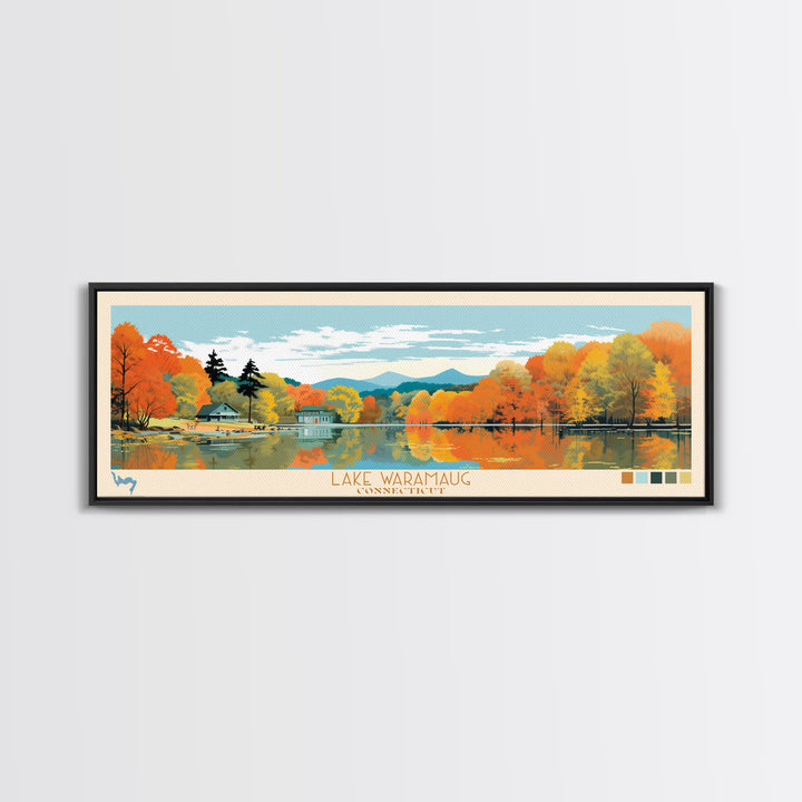 Lake Waramaug, Connecticut Panoramic Wall Art Framed Canvas Print, Midcentury Modern, Pop Art, Home Decor, Travel Poster, Living Room Art