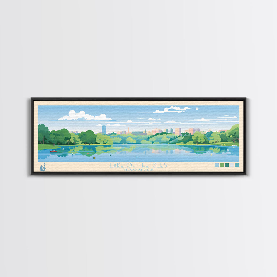 Lake of the Isles Minneapolis Framed Canvas Print, Panoramic Wall Art, Midcentury Modern, Pop Art, Living Room Decor, Travel Poster, Lake House Art
