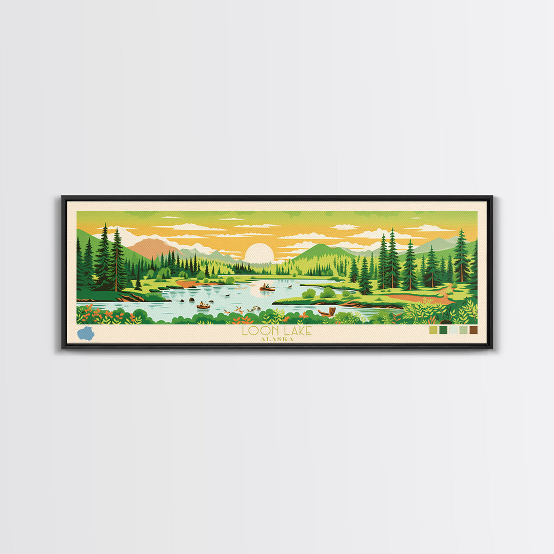 Loon Lake, Alaska Panoramic Wall Art Framed Canvas Print, Midcentury Modern, Pop Art, Home Decor, Travel Poster, Living Room Art