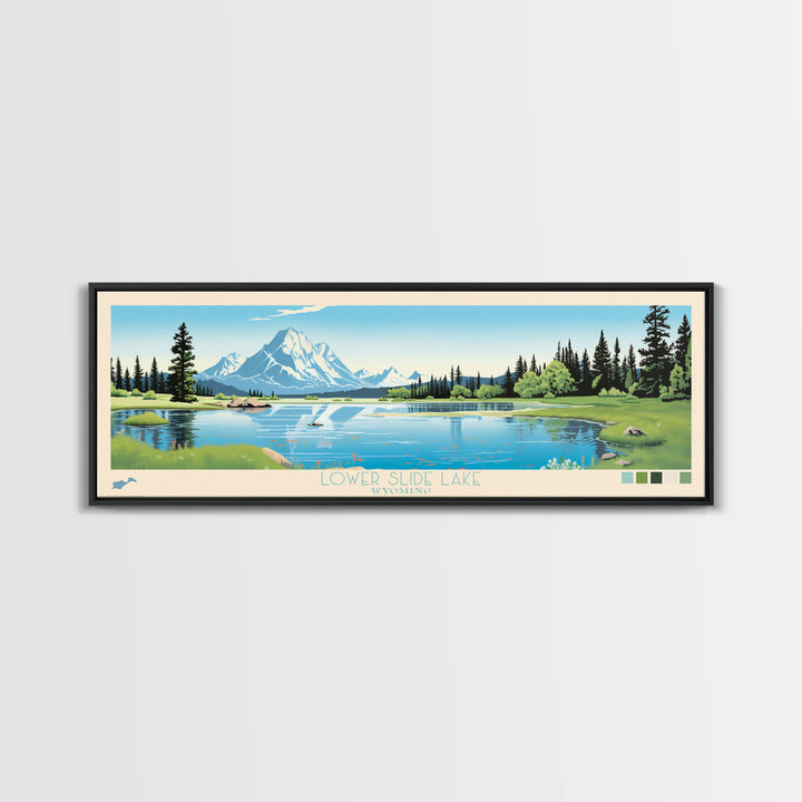 Lower Slide Lake, Wyoming Panoramic Wall Art Framed Canvas Print, Midcentury Modern, Pop Art, Home Decor, Travel Poster, Living Room Art