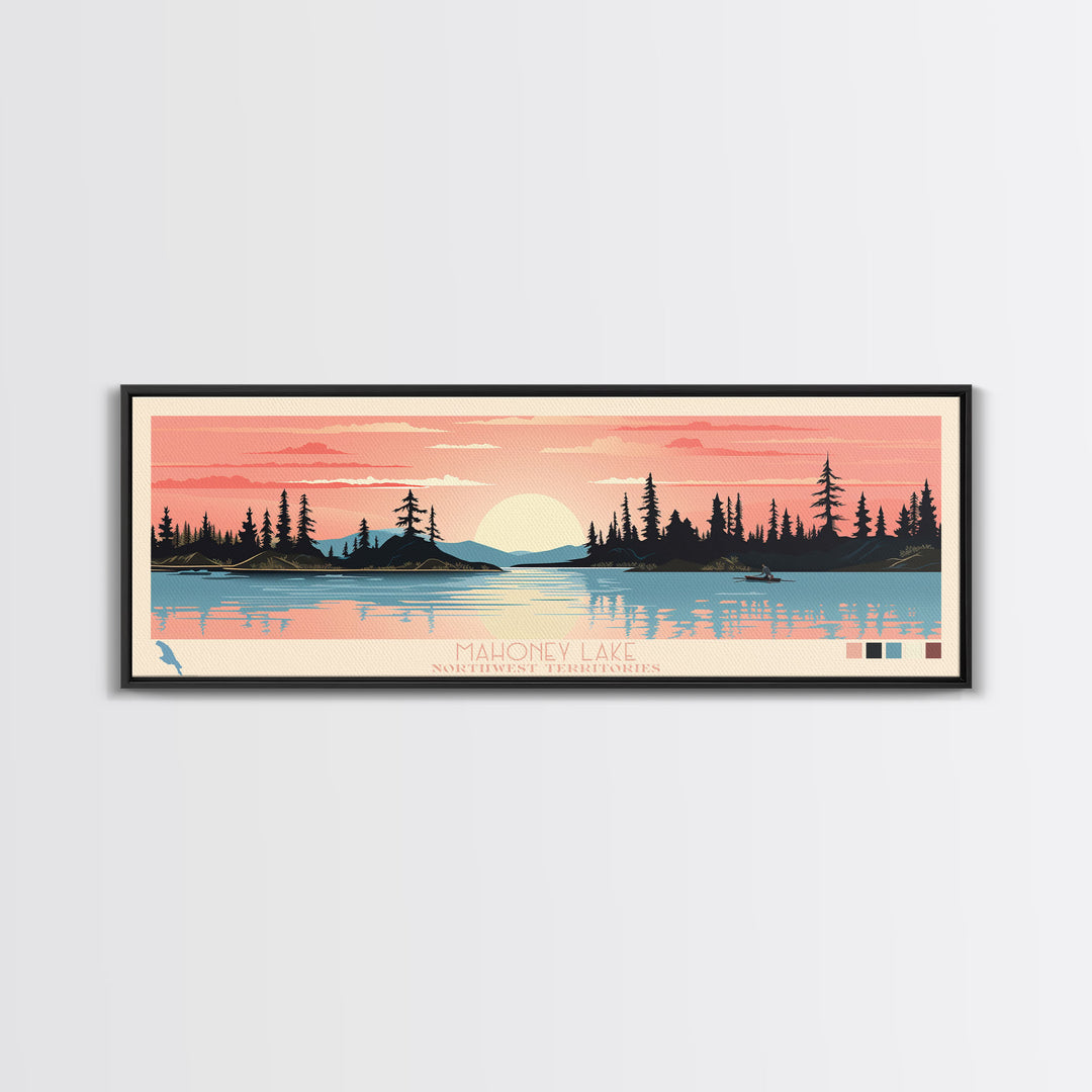 Mahoney Lake, Northwest Territories Panoramic Wall Art Framed Canvas Print, Midcentury Modern, Pop Art, Home Decor, Travel Poster, Living Room Art