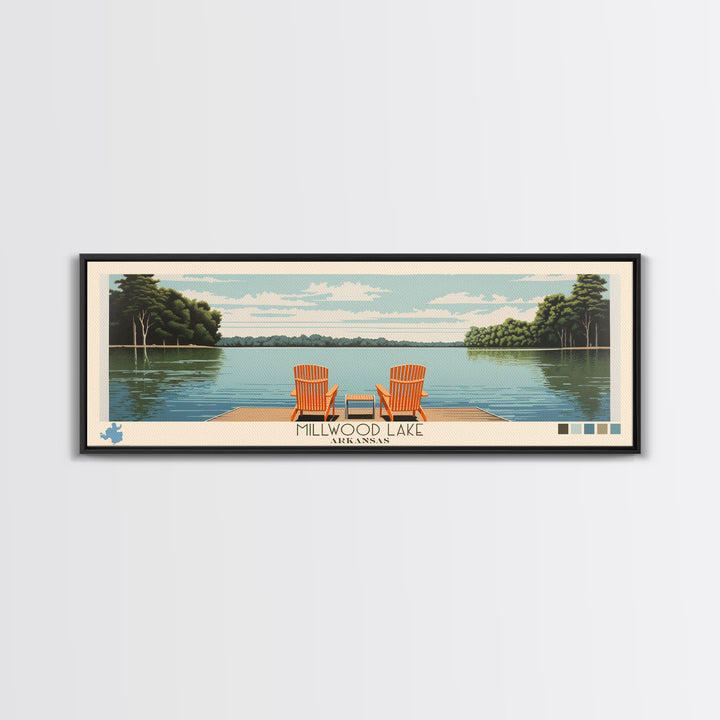 Millwood Lake, Arkansas Framed Canvas Print, Panoramic Wall Art, Midcentury Modern, Pop Art, Home Decor, Travel Poster, Bedroom Art