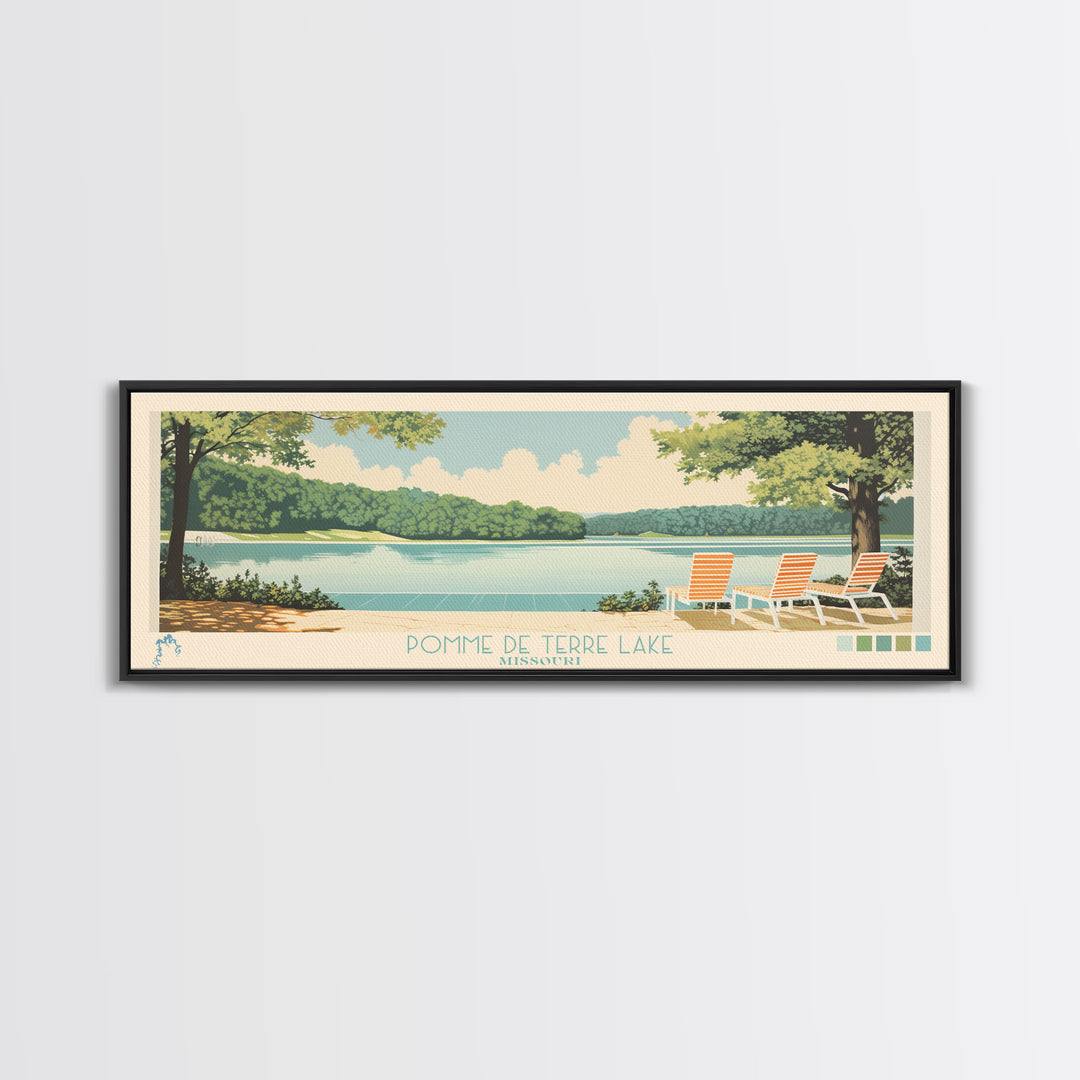 Pomme de Terre Lake, Missouri Framed Canvas Print, Living Room Art, Midcentury Modern, Pop Art, Panoramic Travel Poster, Wall Decor