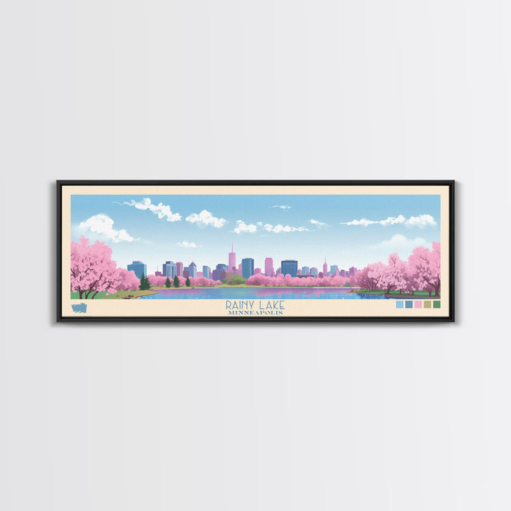 Rainy Lake, Minneapolis Framed Canvas Print, Bedroom Art, Midcentury Modern, Pop Art, Panoramic Wall Art, Travel Poster