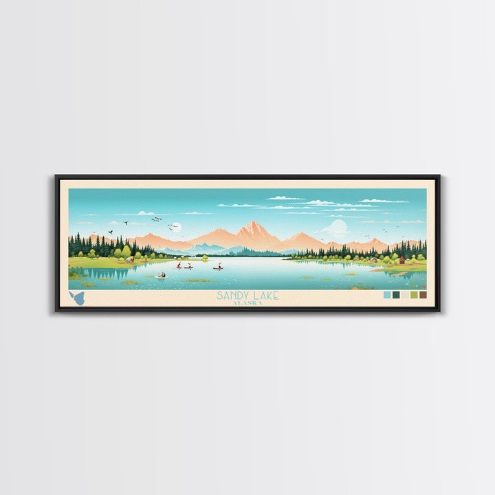 Sandy Lake, Alaska Framed Canvas Print, Panoramic Travel Poster, Midcentury Modern Art, Living Room Decor, Pop Art, Wall Art