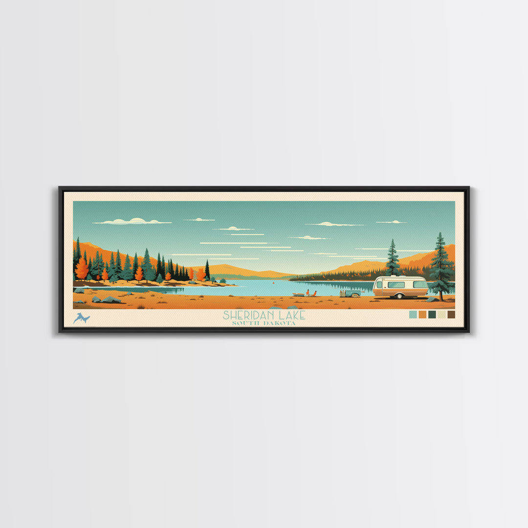 Sheridan Lake, South Dakota Framed Canvas Print, Panoramic Wall Art, Midcentury Modern Decor, Pop Art, Travel Poster, Living Room Decoration
