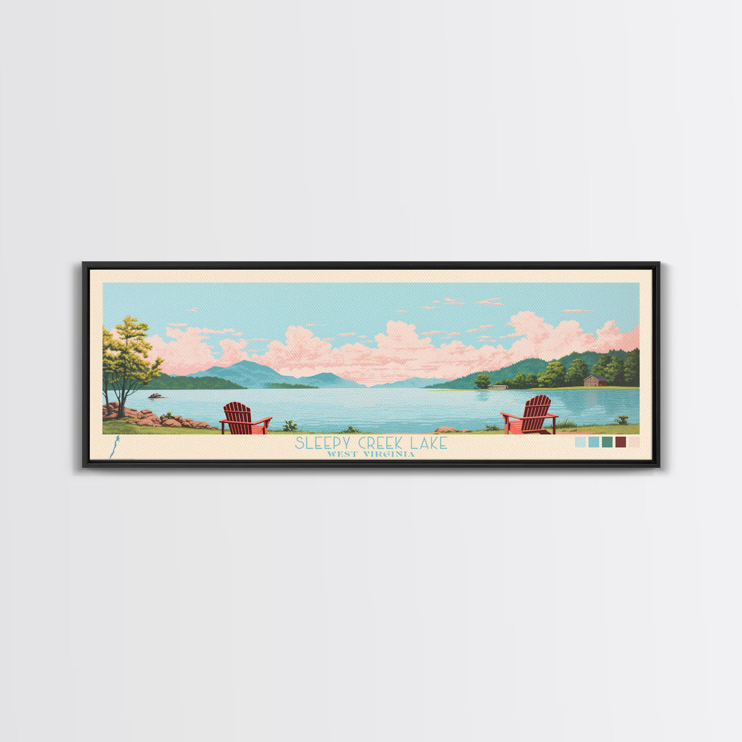 Sleepy Creek Lake, West Virginia Framed Canvas Print, Lake House Decor, Midcentury Modern Art, Pop Art, Travel Poster, Bedroom Wall Art