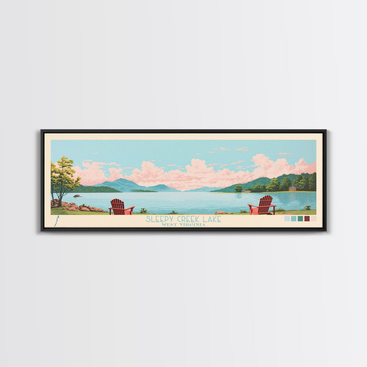 Sleepy Creek Lake, West Virginia Framed Canvas Print, Lake House Decor, Midcentury Modern Art, Pop Art, Travel Poster, Bedroom Wall Art