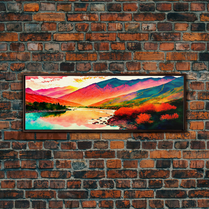 Colorful Abstract Watercolor Landscape, Framed Panoramic Canvas Print, Wide Art, Rainbow landscape painting, surrealist art