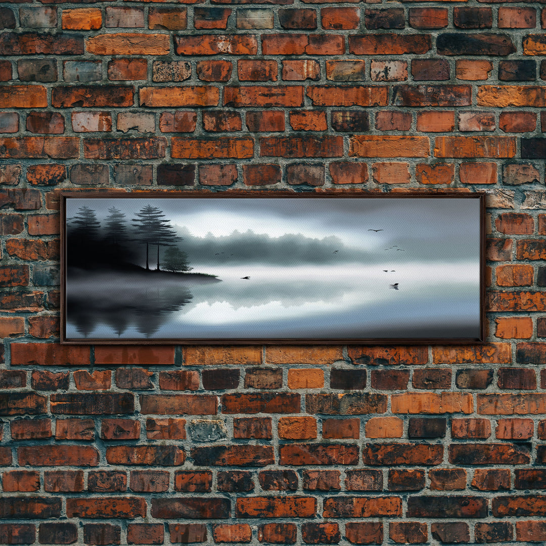 Pacific Northwest Lake & Pine Tree Forest Foggy Watercolor Canvas Print - Framed Panoramic Wall Art Home Decor