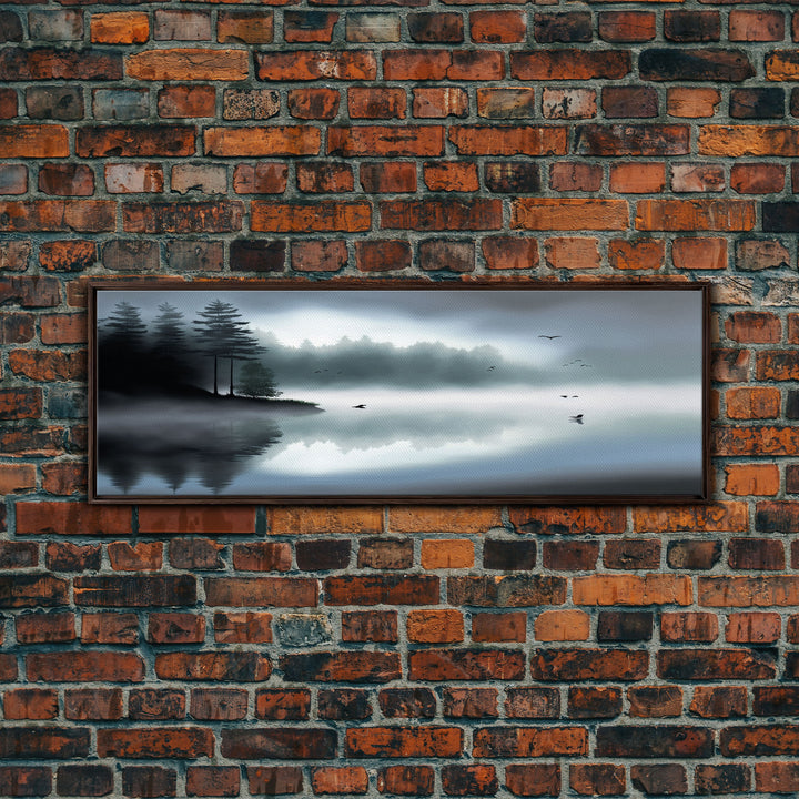 Pacific Northwest Lake & Pine Tree Forest Foggy Watercolor Canvas Print - Framed Panoramic Wall Art Home Decor
