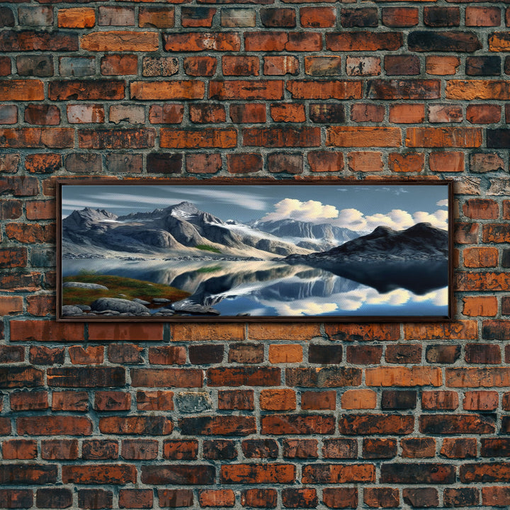 Panoramic Framed Canvas Print of Snow Covered Mountain & Reflection in Lake - Watercolor Landscape Painting for Home Decor