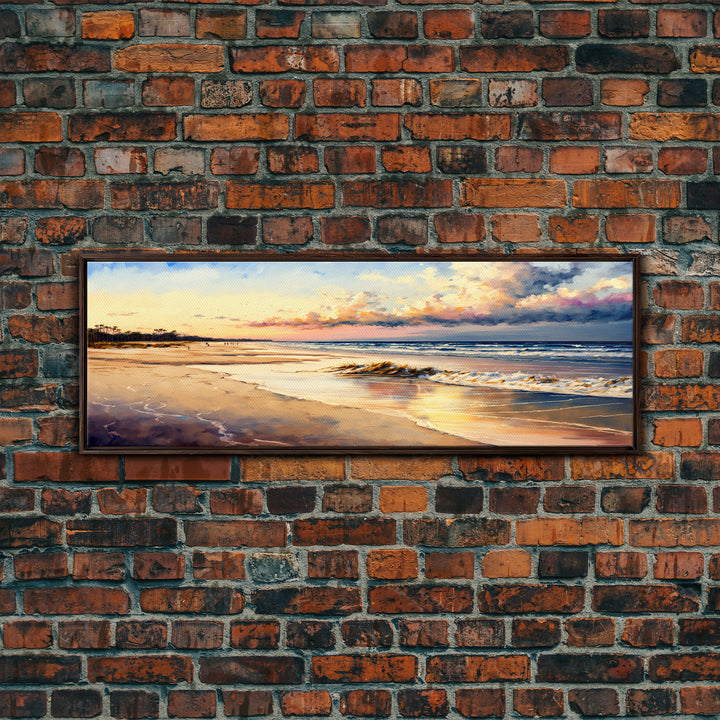 Panoramic Beach Sunset Canvas Print, Watercolor Landscape Framed Art, Whimsical Home Decor, Nature Wall Art, Wide Wall Art
