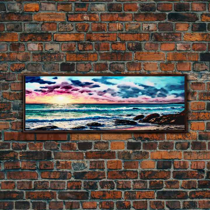 Vibrant Beach Panoramic Framed Canvas Print - Watercolor Landscape Painting with Clouds & Waves - For Home or Office Decor