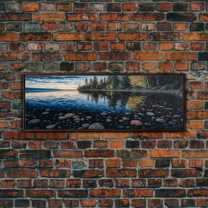 Pacific Northwest Stream or River Watercolor Panoramic Canvas Print | Framed | Colorful Pebbles | Vibrant Colors | Home & Office Décor
