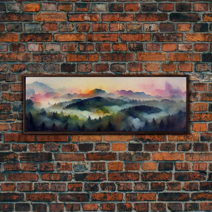 Dramatic Watercolor Sunset Landscape, Ready To Hang Canvas Print, Panoramic, Emerald Green Landscape Wall Decor