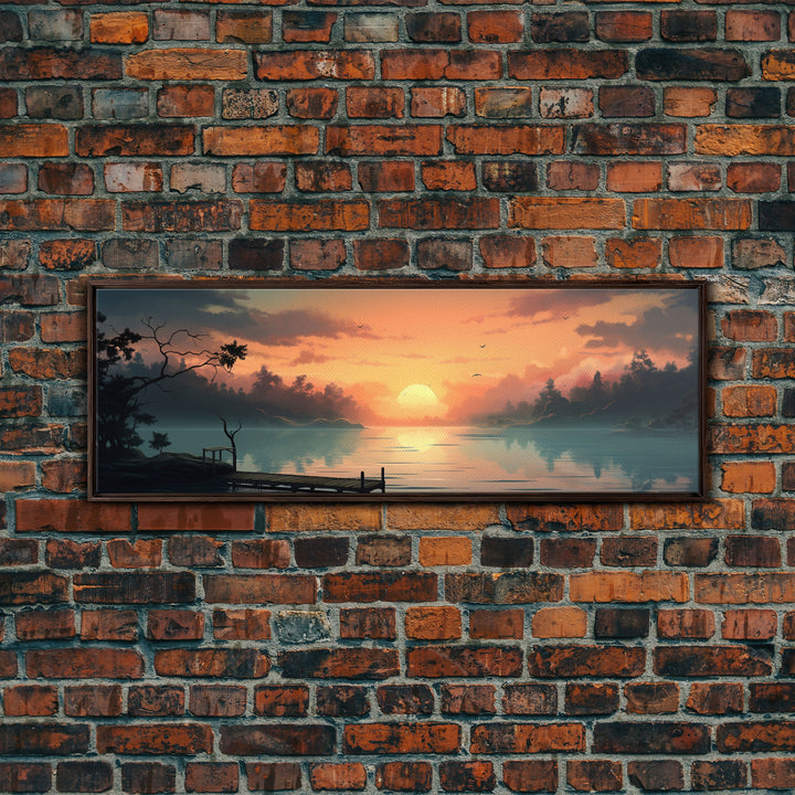Custom Lakehouse Wall Art Framed Canvas Print, Gift For Him / Her, Lake House Decor, Watercolor Painting Of A Sunset Over The Lake