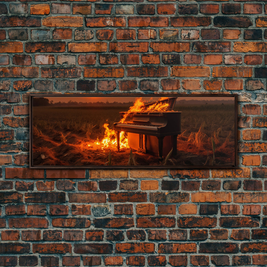 Urban Decay, Street Punk Art, Framed Canvas Print, Burning Grand Piano In A Field at Sunset, Dystopian Decor