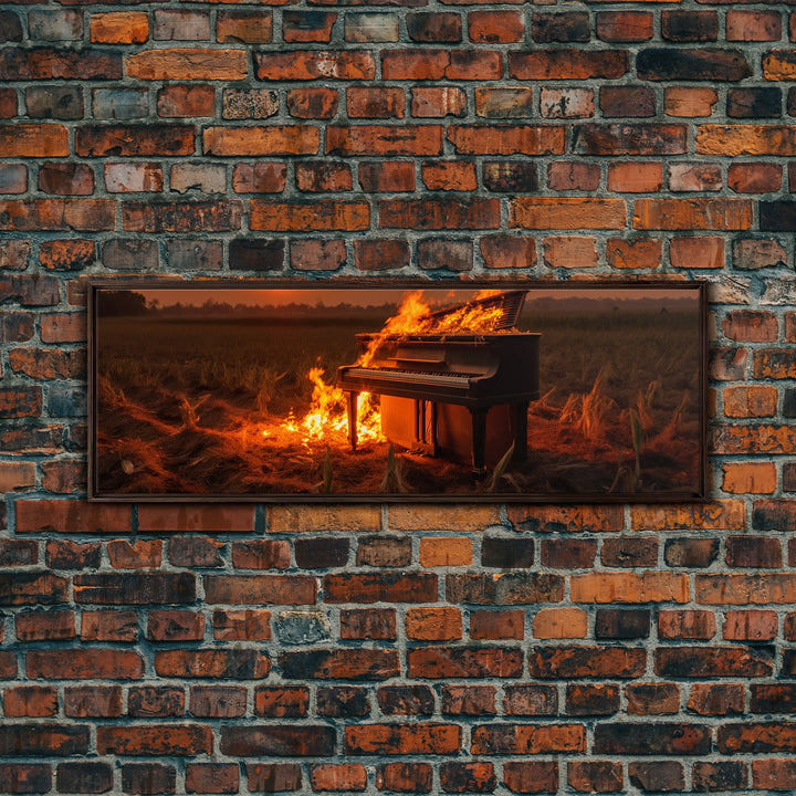 Urban Decay, Street Punk Art, Framed Canvas Print, Burning Grand Piano In A Field at Sunset, Dystopian Decor