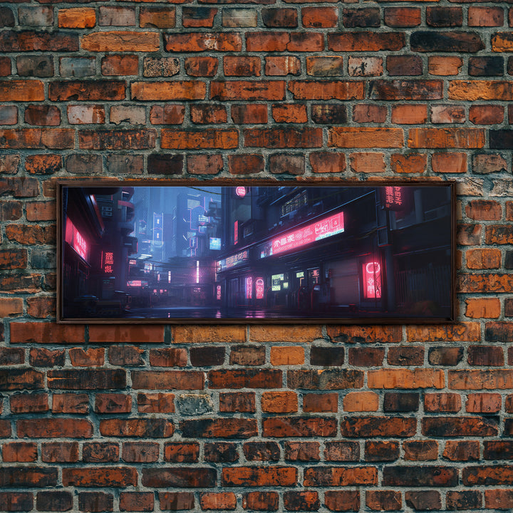 Neon Tokyo Streets, Futuristic Cyberpunk Cityscape Painting Framed Canvas Print, Game Room Decor, Framed Wall Art