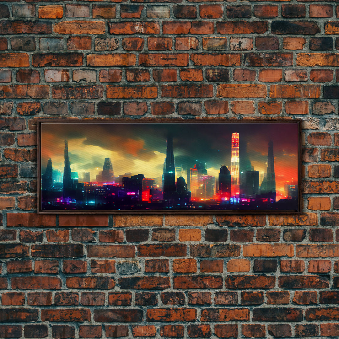 Cyber Punk Cityscape, Watercolor, Extra Large Wall Art, Framed Panoramic Canvas Print, Framed Wall Decor