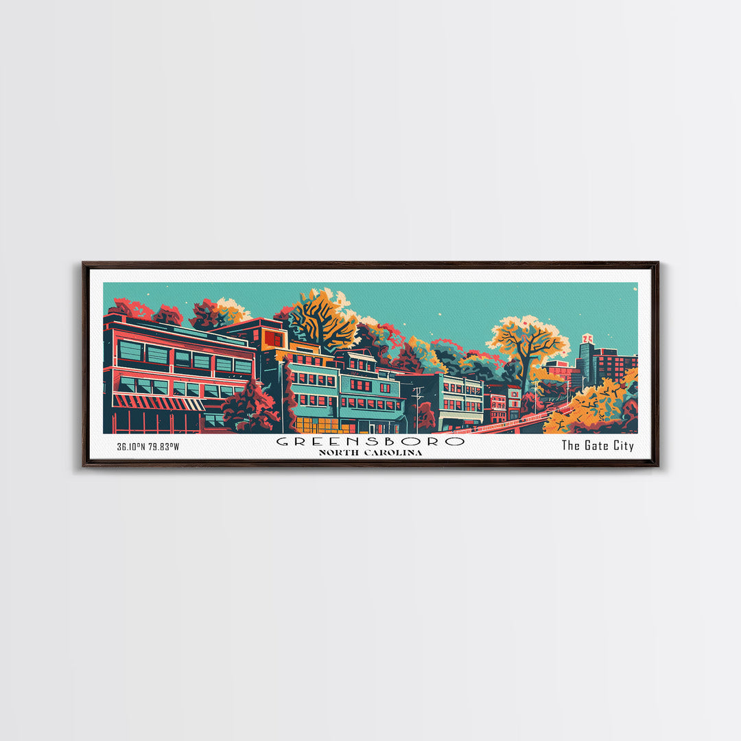 Greensboro North Carolina Travel Poster Framed Canvas Print, Panoramic Mid Century Modern Art, Pop Art Style, Wall Decor, Home Decor, Retro Style Art