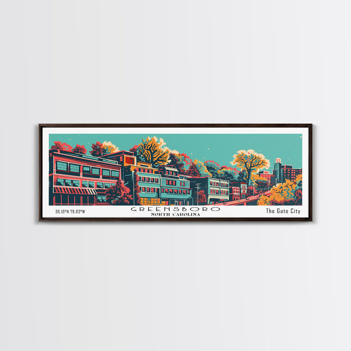 Greensboro North Carolina Travel Poster Framed Canvas Print, Panoramic Mid Century Modern Art, Pop Art Style, Wall Decor, Home Decor, Retro Style Art