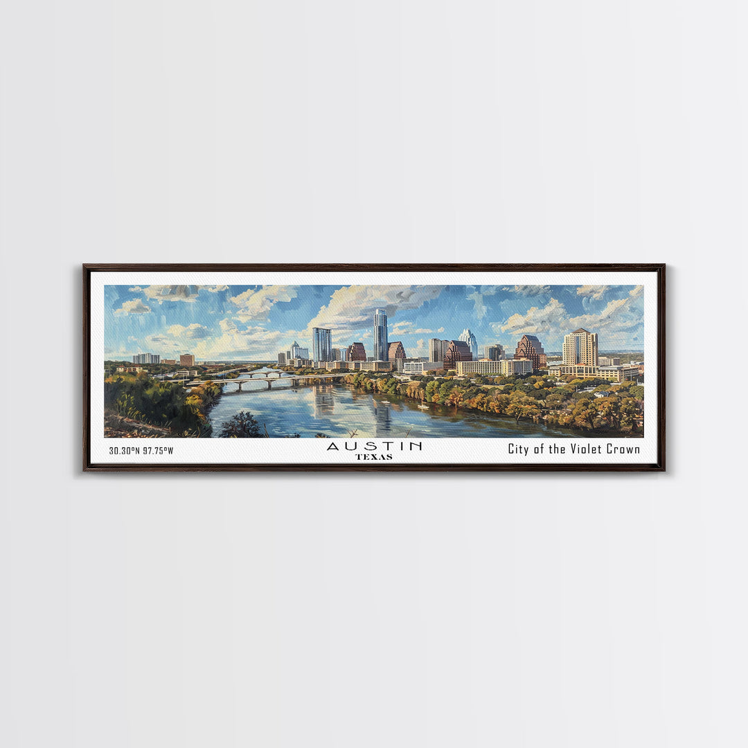 Austin Texas Panoramic Painting, Watercolor Framed Canvas Print, Scenic City Art, Travel Poster, Wall Decor, Living Room Art, Office Wall Art