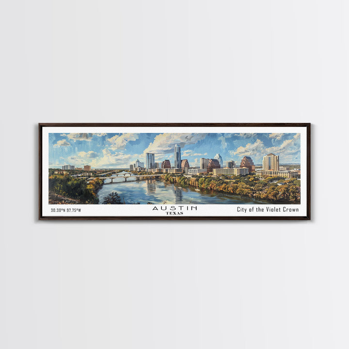 Austin Texas Panoramic Painting, Watercolor Framed Canvas Print, Scenic City Art, Travel Poster, Wall Decor, Living Room Art, Office Wall Art