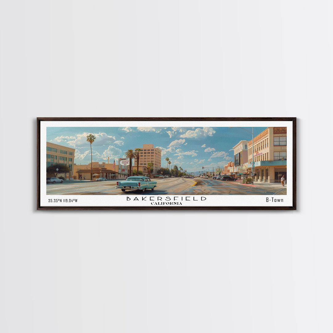 Bakersfield California Panoramic Watercolor Painting, Framed Canvas Print, Scenic City Art, Travel Poster, Wall Decor, Living Room Art, Office Wall Art