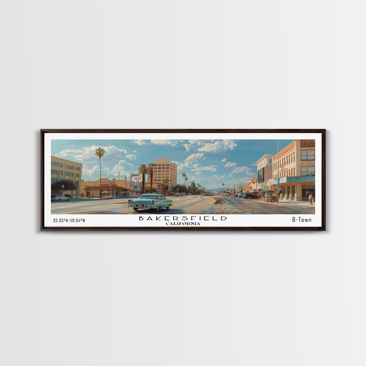 Bakersfield California Panoramic Watercolor Painting, Framed Canvas Print, Scenic City Art, Travel Poster, Wall Decor, Living Room Art, Office Wall Art