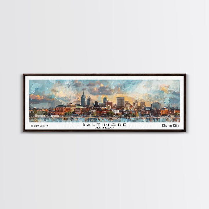 Baltimore Maryland Panoramic Painting, Watercolor Framed Canvas Print, Scenic City Art, Travel Poster, Home Decor, Wall Hanging, Office Wall Art