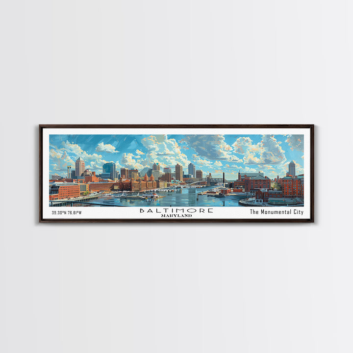 Baltimore Maryland Panoramic Watercolor Painting, Framed Canvas Print, Scenic City Art, Travel Poster, Wall Decor, Living Room Art, Gift Idea