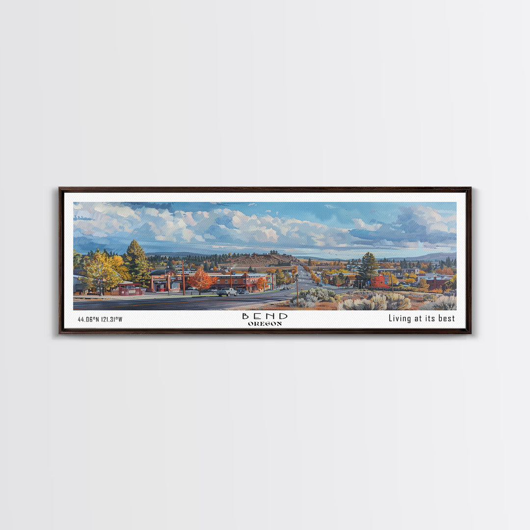 Bend Oregon Panoramic Watercolor Painting, Framed Canvas Print, Scenic City Art, Travel Poster, Wall Decor, Living Room Art, Gift Idea