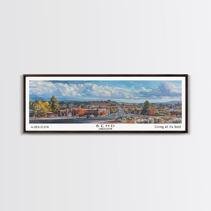 Bend Oregon Panoramic Watercolor Painting, Framed Canvas Print, Scenic City Art, Travel Poster, Wall Decor, Living Room Art, Gift Idea
