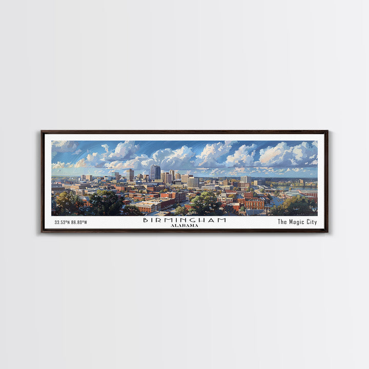 Birmingham Alabama Panoramic Watercolor Painting, Framed Canvas Print, Scenic City Art, Travel Poster, Home Decor, Wall Art, Office Wall Art