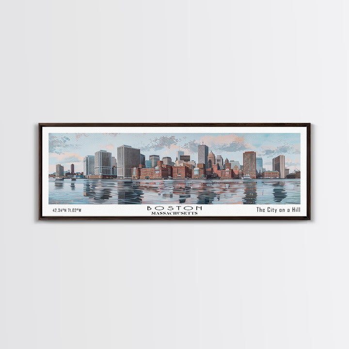 Boston Massachusetts Panoramic Painting, Watercolor Framed Canvas Print, Scenic City Art, Travel Poster, Home Decor, Wall Art, Office Wall Art