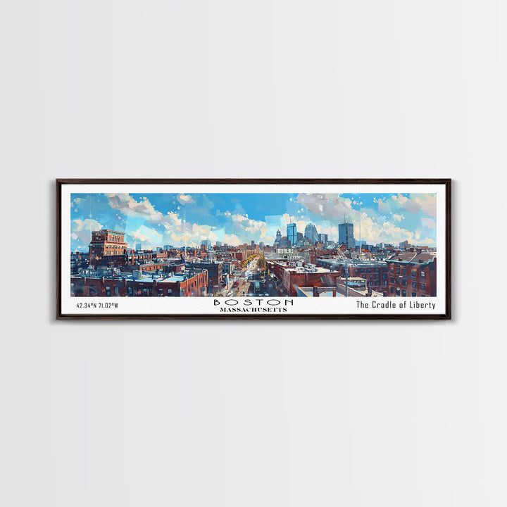 Boston Massachusetts Panoramic Watercolor Painting, Framed Canvas Print, Scenic City Art, Travel Poster, Home Decor, Wall Hanging, Living Room Art