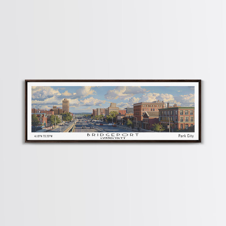Bridgeport Connecticut Panoramic Painting, Watercolor Framed Canvas Print, Scenic City Art, Travel Poster, Home Decor, Wall Art, Office Wall Art