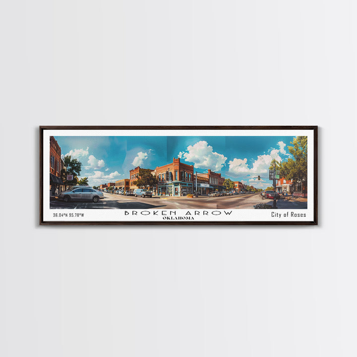 Broken Arrow Oklahoma Panoramic Painting, Watercolor Framed Canvas Print, Scenic City Art, Travel Poster, Home Decor, Wall Hanging, Living Room Art