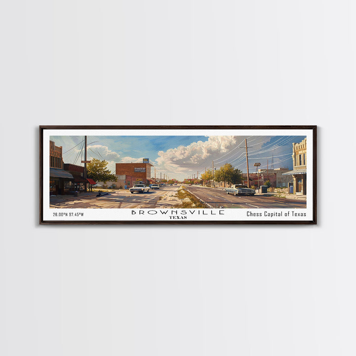 Brownsville Texas Panoramic Watercolor Painting, Framed Canvas Print, Scenic City Art, Travel Poster, Home Decor, Wall Art, Office Wall Art