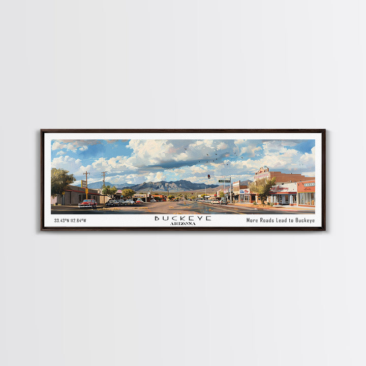 Buckeye Arizona Panoramic Watercolor Painting Framed Canvas Print, Travel Poster Art, Home Decor, Vibrant Arizona Cityscape, Office Decoration, Living Room Wall Art, Unique Gift