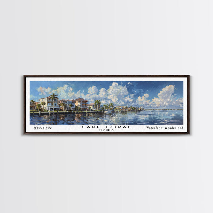 Cape Coral Florida Panoramic Watercolor Painting Framed Canvas Print, Travel Poster Art, Coastal Cityscape, Living Room Decor, Wall Hanging, Office Art, Unique Gift Idea