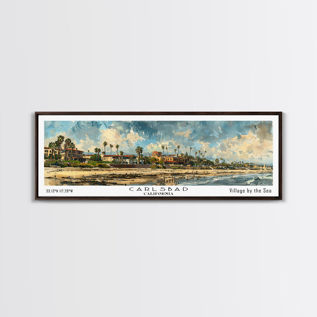 Carlsbad California Panoramic Watercolor Painting Framed Canvas Print, Travel Poster Art, Coastal Home Decor, Picturesque Cityscape, Wall Art for Bedroom, Office Wall Decoration, Travel Enthusiast Gift