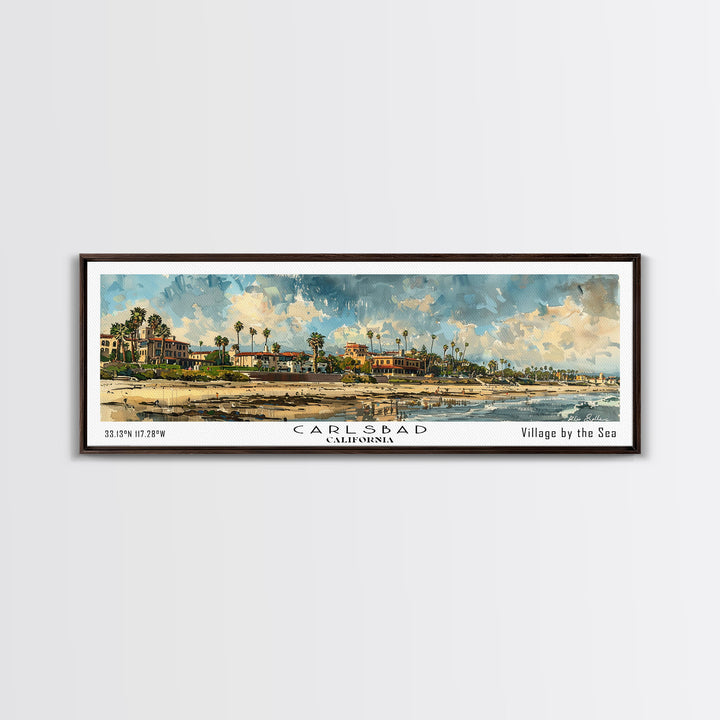 Carlsbad California Panoramic Watercolor Painting Framed Canvas Print, Travel Poster Art, Coastal Home Decor, Picturesque Cityscape, Wall Art for Bedroom, Office Wall Decoration, Travel Enthusiast Gift