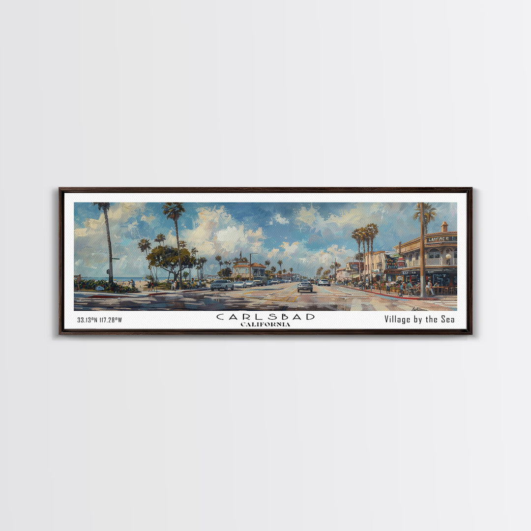 Carlsbad California Panoramic Watercolor Style Framed Canvas Print, Coastal Travel Poster, Home Decor, Picturesque Seascape, Office Wall Art, Living Room Decoration, Unique Gift Idea