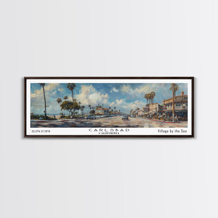 Carlsbad California Panoramic Watercolor Style Framed Canvas Print, Coastal Travel Poster, Home Decor, Picturesque Seascape, Office Wall Art, Living Room Decoration, Unique Gift Idea
