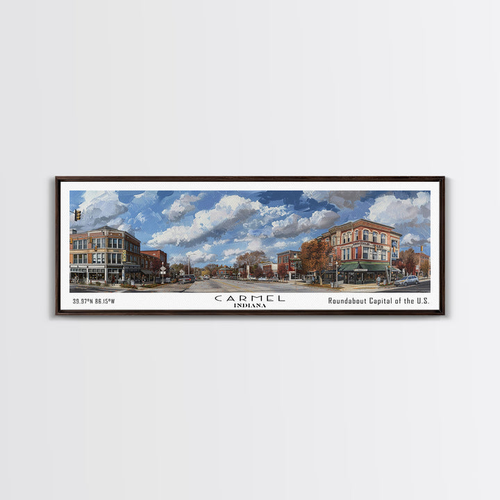 Carmel Indiana Panoramic Watercolor Painting Framed Canvas Print, Travel Poster Art, Home Decor, Picturesque Indiana Cityscape, Living Room Wall Art, Office Decoration, Gift for Art Lovers