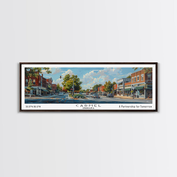 Carmel Indiana Panoramic Watercolor Painting Framed Canvas Print, Travel Poster Art, Charming Cityscape, Home Decor, Bedroom Wall Art, Office Decoration, Unique Travel Gift